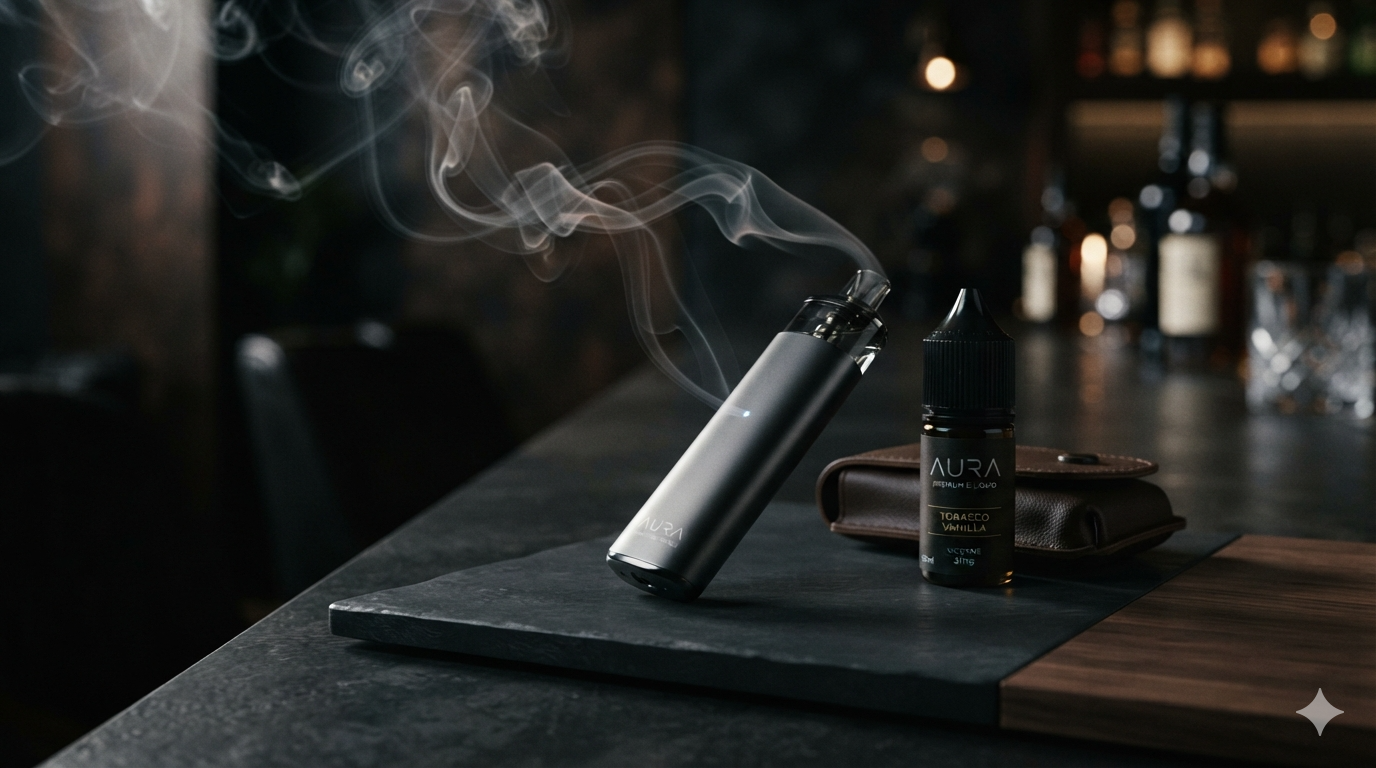 Sleek Vape Pen on a Dark Bar Counter Emitting Vapor with a Bottle of E-liquid Nearby - Australia E-cigarette Store