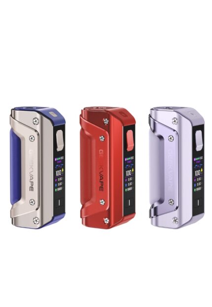 Three vape mod devices in blue, red, and lavender arranged in a row, showing metal panels and screens on the side (GeekVape).