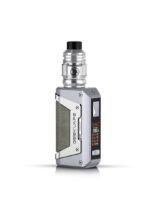 Geekvape Mod with a Silver Body and Textured Leather Panel Topped by a Silver Glass Tank and a Small Oled Display Showing 200w - Australia E-cigarette Store