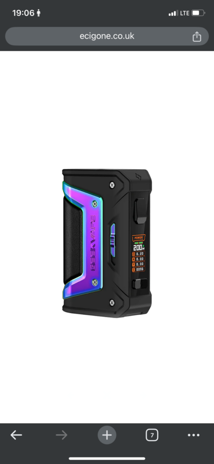 Rugged black vape mod with iridescent rainbow plate and a digital 200W display on the side.