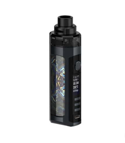 Black vape mod (electronic cigarette) with a glass tank and side display, standing upright.