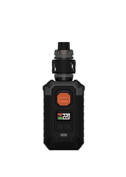 Rugged black vape mod with an attached tank, orange Armour logo on the front, and a digital display reading 220.