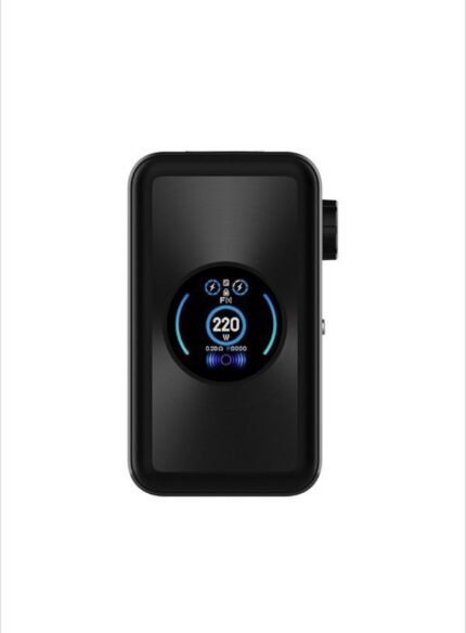Black handheld device with a circular blue-dial display showing 220 W on the screen