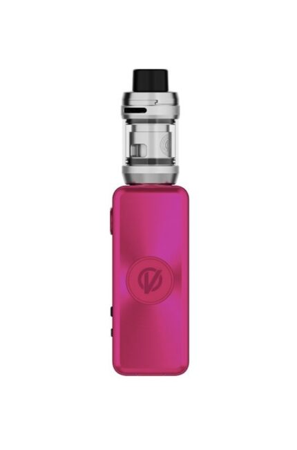 Pink handheld vape mod with a clear glass tank and black mouthpiece, shown upright with a circular logo on the back panel
