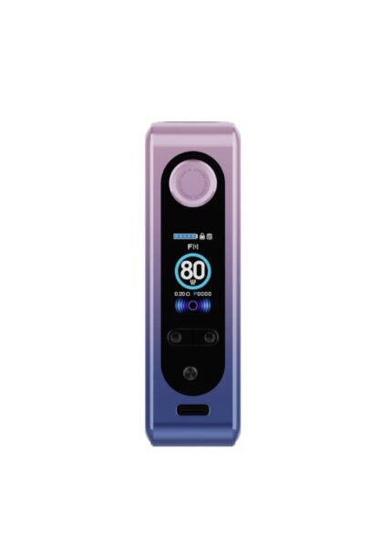 Gradient purple-to-blue vape mod with circular top dial and a digital display showing 80 W, USB charging port at the bottom.
