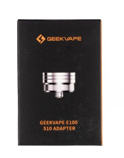 Black GeekVape product box with orange logo; text reads 'GEEKVAPE E100 510 ADAPTER' on the front.