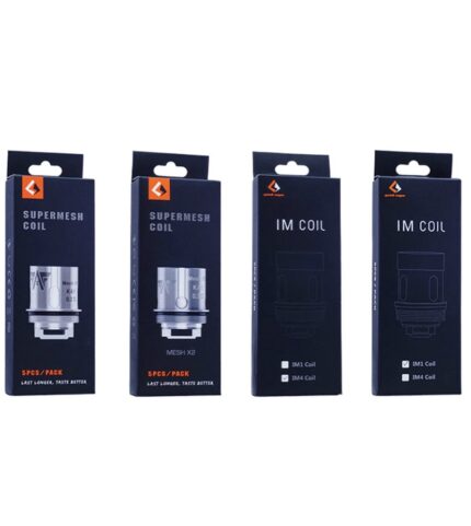 Lineup of four dark blue vape coil boxes (two SuperMesh Coil, two IM Coil) with orange logo on top.
