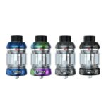 Four Vape Tanks in Blue Teal Silver and Black Lined Up Side by Side Showing Glass Chambers and Metal Bases - Australia E-cigarette Store