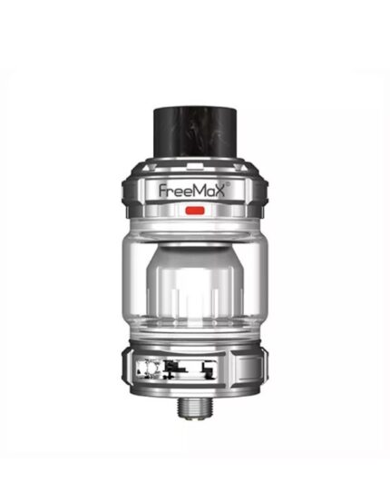 FreeMax vape tank in stainless silver with glass chamber and black top cap, vertical orientation
