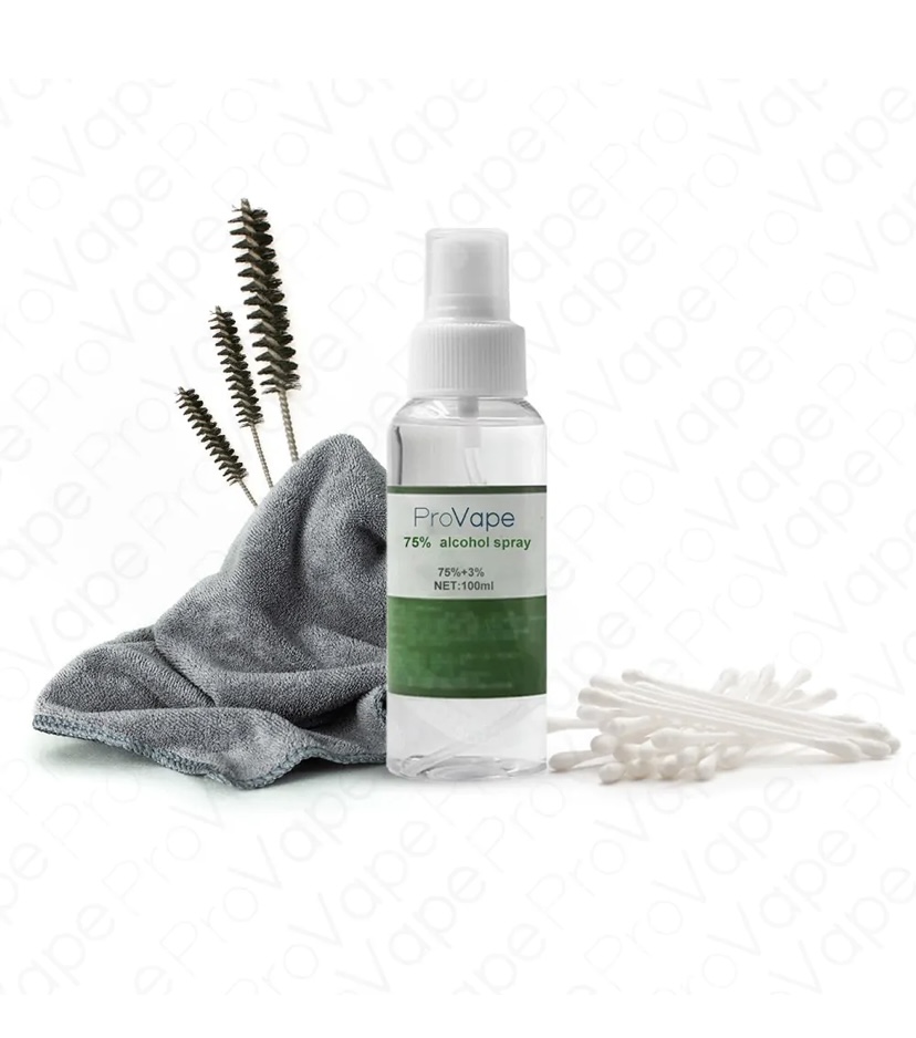 Screenshot - Australia E-cigarette Store Bottle Labeled Provape 75 Alcohol Spray with a Gray Cleaning Cloth and Cotton Swabs Nearby - Australia E-cigarette Store