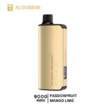 Gold Disposable Vape Device with a Black Mouthpiece Labeled Alibarbar Showing 9000 Puffs and Flavor Passionfruit Mango Lime - Australia E-cigarette Store