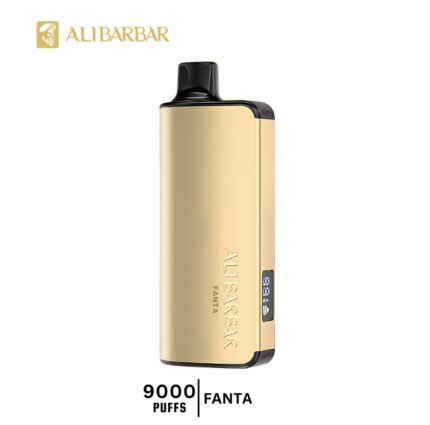 Gold vape pod/mod with a black mouthpiece, standing upright; branding reads ALIBARBAR FANTA and 9000 PUFFS FANTA.