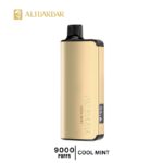 Gold-colored Vape Device with Black Mouthpiece Branded Alibarbar Labeled 9000 Puffs and cool Mint at the Bottom - Australia E-cigarette Store