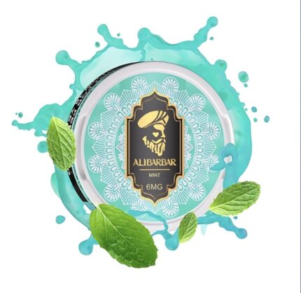 Tin of Mint-flavored Nicotine Product with Turquoise Splash Design and Fresh Mint Leaves Label Reads alibarbar and 6mg - Australia E-cigarette Store