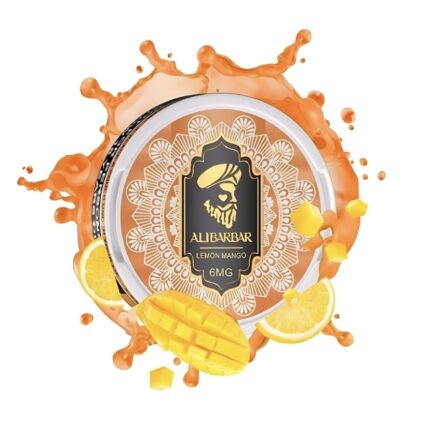 Round Tin Label for Alibarbar Lemon Mango 6mg Vape Juice with Orange Splash and Mango Pieces Around It - Australia E-cigarette Store