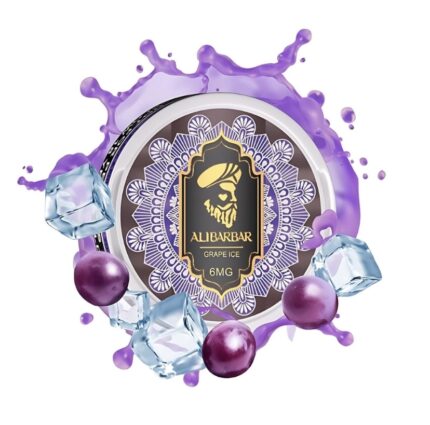 Round Tin Labeled alibarbar with grape Ice and 6mg Surrounded by Purple Splash Ice Cubes and Grape Spheresgrape-flavored Vape Liquid Image - Australia E-cigarette Store