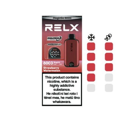Relx Vape Kit Packaging Showing a Red Device Flavor Strawberry Watermelon and a Large Nicotine Warning Label on the Front Image - Australia E-cigarette Store