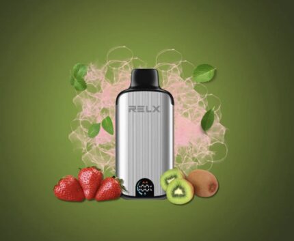 Relx Vape Pod Device Centered with Pink Vapor Surrounded by Strawberries Kiwi and Greens Against a Green Gradient Background - Australia E-cigarette Store