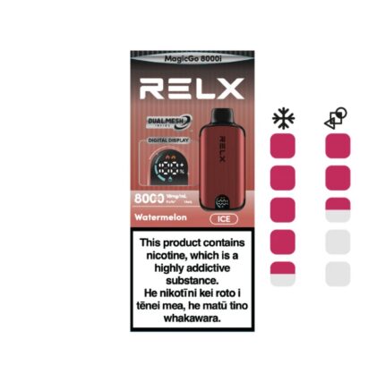 Relx Vape Packaging with a Red Device Watermelon Ice Flavor and a Large Nicotine Warning Label - Australia E-cigarette Store