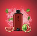 Red Relx Vape Device Featured with Watermelon Slices and Mint Leaves Against a Red Background with a Smoky Aura Suggesting Flavor - Australia E-cigarette Store