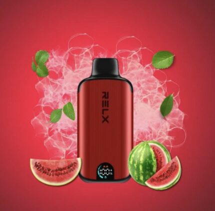 Red Relx Vape Device Featured with Watermelon Slices and Mint Leaves Against a Red Background with a Smoky Aura Suggesting Flavor - Australia E-cigarette Store