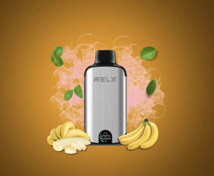Relx Vape Device Centered with Banana Slices on a Bright Orange Background - Australia E-cigarette Store