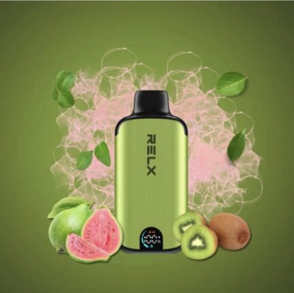 Green vape device with fruit-flavor accents (guava and kiwi) surrounded by fresh fruit slices against a green background, conveying a fruity vaping experience.