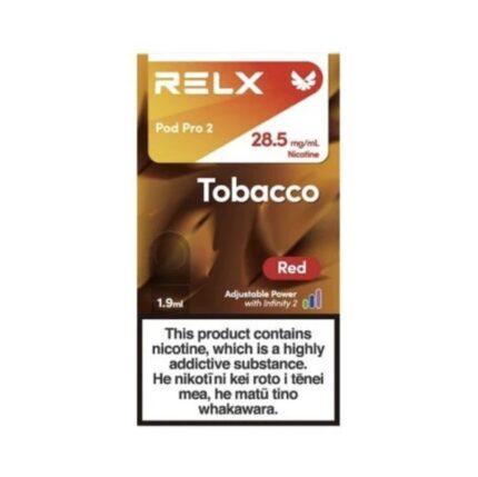 RELX Pod Pro 2 Tobacco Red package showing nicotine strength 28.5 mg/mL and 1.9 mL capacity with a bold warning label at the bottom.
