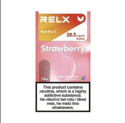 Relx Pod Pro 2 Strawberry vape packaging in a pink gradient, showing a 1.9 ml pod and nicotine strength 28.5 mg/mL with a bold warning label.