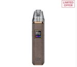 Brown Textured Vape Pod System Standing Upright with a Small Color Display and a Transparent Mouthpiece Note limited Offer Badge in Corner - Australia E-cigarette Store