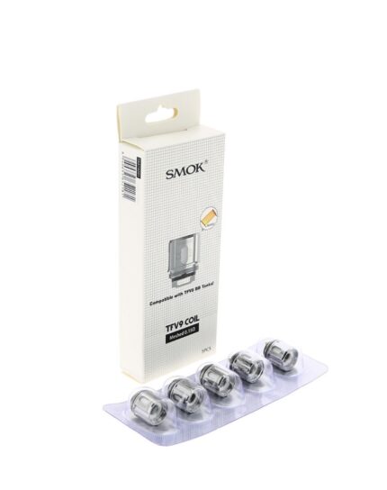 Smok Tfv9 Coil Pack Five Meshed Replacement Coils in a Clear Blister Tray Beside the White Box with Product Branding - Australia E-cigarette Store