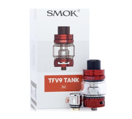 Red Smok TFV9 Tank vape device with glass tank and metal accents beside its packaging box showing TFV9 TANK text