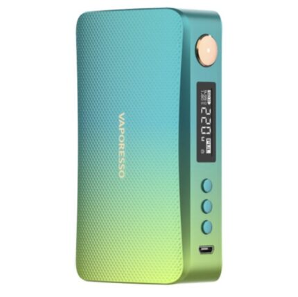 Vaporesso vape mod with a turquoise-to-lime gradient, textured body, vertical digital display, and control buttons on the side with a USB port below.