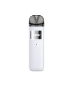 White Disposable Vape Pen with a Black Mouthpiece and Metallic Logo Panel on a Textured White Body - Australia E-cigarette Store