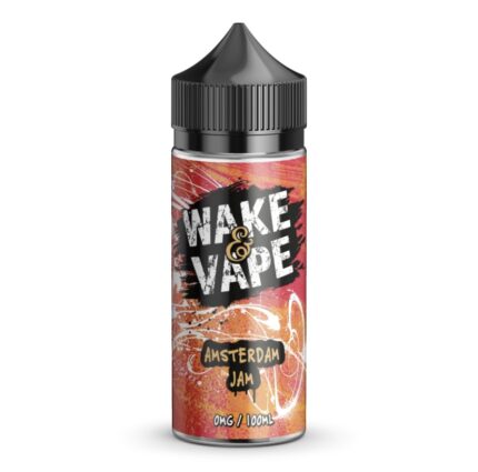 Vape juice bottle with a dark cap; label shows 'WAKE VAPE' with 'Amsterdam Jam' on a graffiti-style, pink‑orange background (100 ml).