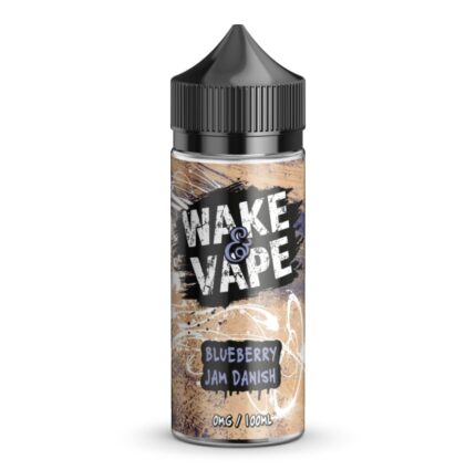 E-liquid bottle labeled 'WAKE VAPE' with Blueberry Jam Danish flavor