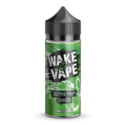 Green e-liquid bottle from Wake & Vape with a black child-resistant cap and a graffiti-style label reading 'Cactus Fruit Cooler' on a leafy green background