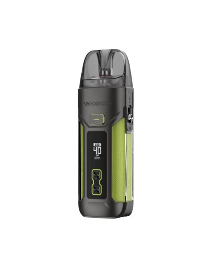 Vaporesso Pod Vape with a Black Body and Lime-green Panels Standing Upright with a Translucent Mouthpiece on Top - Australia E-cigarette Store