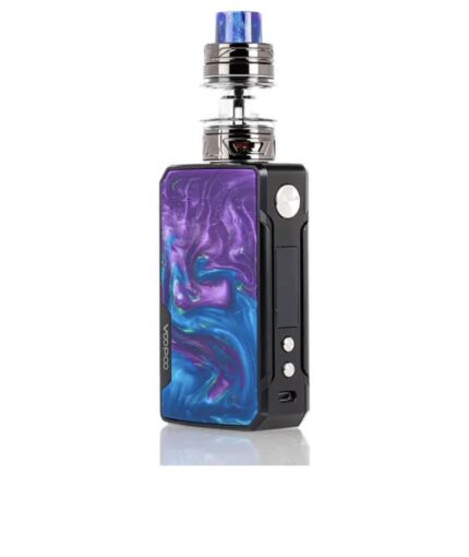 Compact vape mod with a colorful purple-blue screen and a glass tank on top, standing upright on a white background.