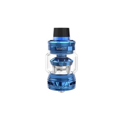 Blue Valyrian vape tank with a clear glass reservoir and black mouthpiece, metal blue accents, shown against a white background
