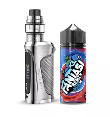 Sleek Silver Vape Mod with a Black Tank on the Left Beside a Colorful Bottle of E-liquid on the Right - Australia E-cigarette Store