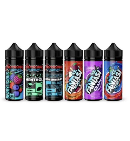 Six E-liquid Vape Bottles with Black Caps Arranged in a Row Featuring Berry Menthol and Fruit Flavors on Colorful Labels - Australia E-cigarette Store