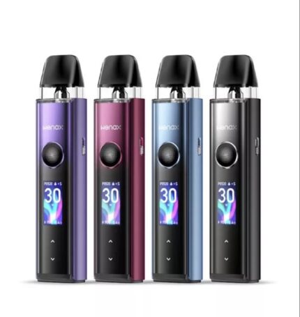 Four Wenax vape pens in purple, pink, blue, and black lined up side by side against a white background.