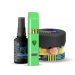 Set of Cbd Products a Dropper-tincture Bottle Labeled Cbd a Bright Green Cbd Calm Vape Pen and a Jar of Cbd Gummies with a Dark Lid - Australia E-cigarette Store