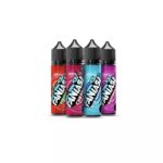 Four Colorful E-liquid Bottles with Dropper Caps Arranged in a Row Red strawberry Pink cherry Blue blue Raspberry and Purple raspberry Flavors - Australia E-cigarette Store