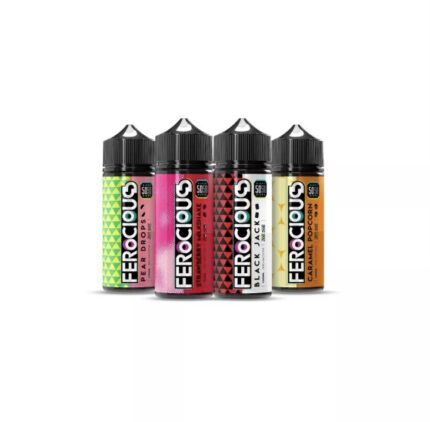 Four Ferrocious E-liquid Bottles in a Row with Bright Triangular Labels Pear Drop Strawberry Milkshake Black Jack and Caramel Popcorn Flavors - Australia E-cigarette Store
