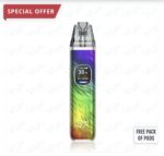 Vape Pod Device with a Rainbow Gradient Finish Upright with a Small Digital Display Showing 30 W a Red Special Offer Banner at Top Left and a Free Pack of Pods Badge in the Bottom Right Corner - Australia E-cigarette Store