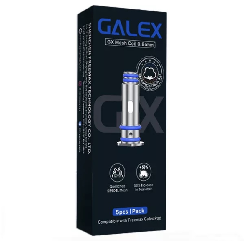 Screenshot - Australia E-cigarette Store Galex Gx Mesh Coil 08Ω Packaging Showing a Metallic Coil with Blue Rings on a Dark Box 5pcs Pack Label - Australia E-cigarette Store