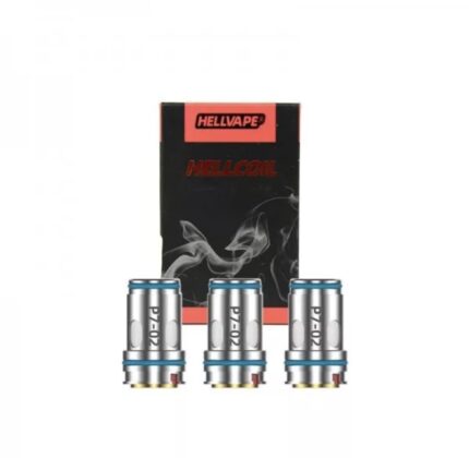 Three replacement vape coils in front of a black Hellcoil box labeled 'HELLVAPE' and 'HELLCOIL' with blue ring accents and faint steam imagery