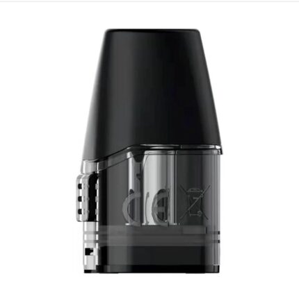 Black-mouthpiece vape pod cartridge with clear tank and metal contacts, showing the e-cigarette pod component used in refillable devices